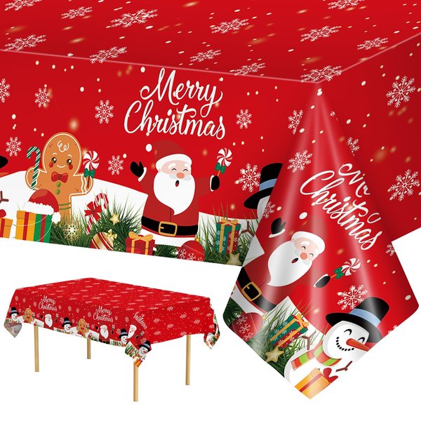2 Pcs Christmas Tablecloth - Plastic Merry Christmas Table Cloth, Red Disposable Rectangle Cute Santa Claus Snowman Xmas Table Cover for Christmas Party Decorations Favors Table Decor, 108 x 54 Inch