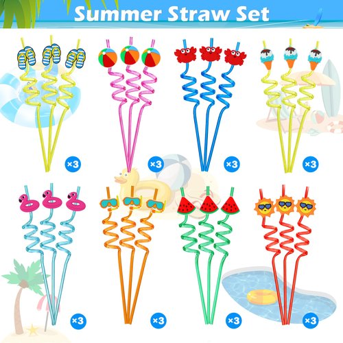 24Pcs Drinking Straws, Pool Party Decorations Supplies Summer Pool Beach Party Favors Crazy Silly Straws for Kids Hawaiian Birthday Goodie Bag Stuffers End of Year Student Gifts Bulk Prizes for Kids