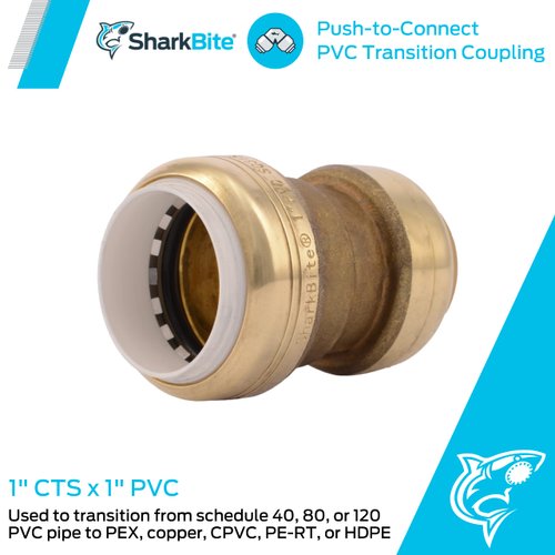 SharkBite 1 Inch CTS x 1 Inch PVC Transition Coupling, Push to Connect Brass Plumbing Fitting, PEX Pipe, Copper, CPVC, PE-RT, HDPE, UIP4020A