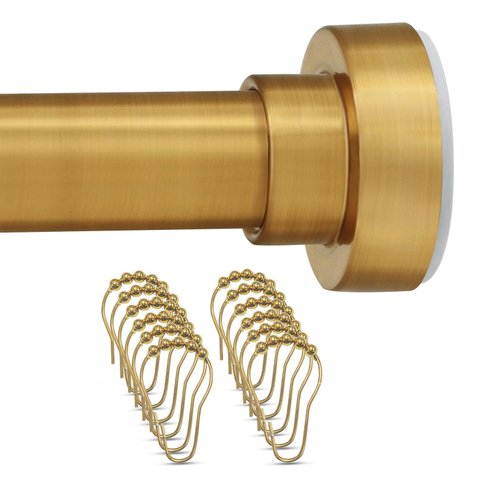 YNL Shower Curtain Rod with 12 Shower Curtain Rings, 34-82 Inches, Non-Slip, Never Rust, No Drill Tension Curtain Rod for Bathroom & Window & Closet or Door, Shower Rod Stainless Steel, Brushed Gold
