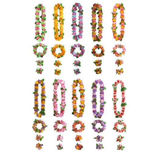 JEKANEL 40 PCS Hawaiian Luau Leis,Tropical Luau Party Supplies of Hula Garland Necklaces Bracelets Headband Jumbo Simulated Silk Flowers for Hawaii Decorations, Beach Theme Party Decorations