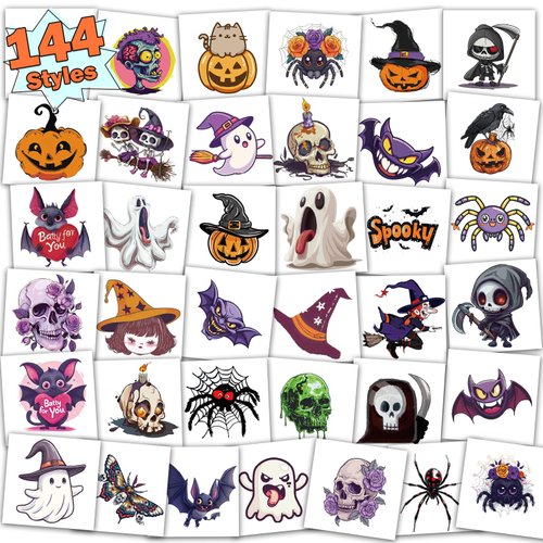 Halloween Tattoos for Kids Halloween Party Favors, 144 Styles Halloween Temporary Tattoos for Boys and Girls, 2" Non-Toxic Halloween Tattoos Stickers for Halloween Party Bags Gift Stuffers