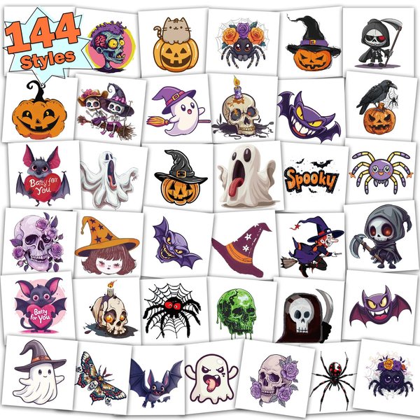 Halloween Tattoos for Kids Halloween Party Favors, 144 Styles Halloween Temporary Tattoos for Boys and Girls, 2" Non-Toxic Halloween Tattoos Stickers for Halloween Party Bags Gift Stuffers