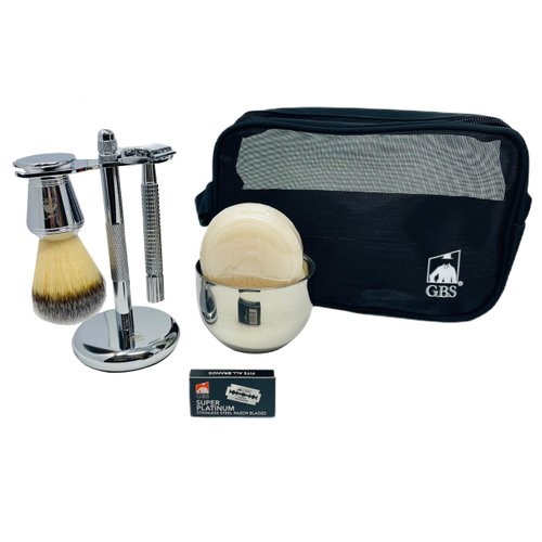 G.B.S Men’s Grooming Shaving Kit for Wet Shaving Butterfly DE Safety Razor, Shaving Brush, Chrome Soap Bowl, Shaving Soap, Brush and Razor Stand With DE Blades