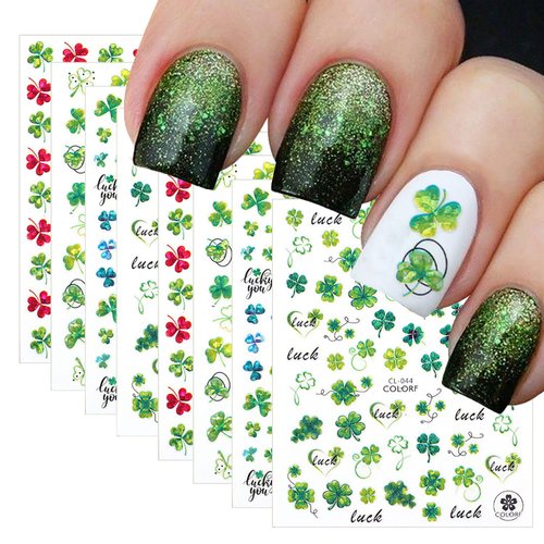 8 Sheets St. Patrick's Day Nail Art Stickers Decals Green Shamrock 3D Self-Adhesive Nail Stickers Spring Glossy Designs Nail Supplies Nail Decorations Holiday DIY Nail Accessories for Women and Girls