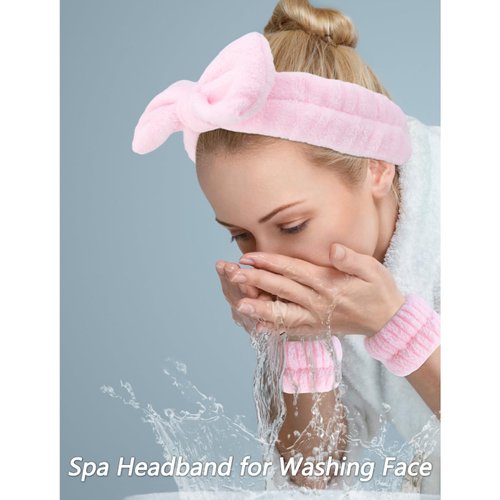 VELSCRUN 6 Pack Spa Headband, Makeup Headband, Face Wash Headband, Skincare Headbands, Pink Sponge Hair Band Bow Tie Spa Headband for Washing Face Wristband Set Hair Accessories for Women Girls Gifts