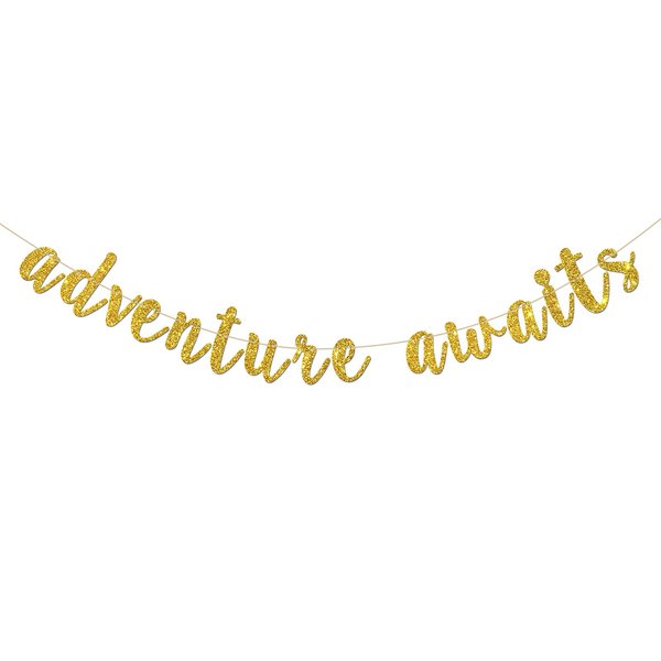 Adventure Awaits Banner, Wedding Engagement Party Bunting Decor, Congrats Grad, Birthday Retirement Sign Graduation Party Decorations Gold Glitter