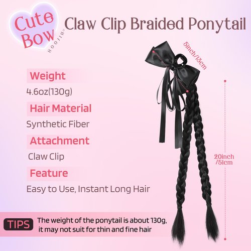 Ponytail Extension HOOJIH Claw Clip Braided Ponytail Extension Hair Extensions 20 Inch Double Braided Ponytails Hairpieces for Women - Natural Black