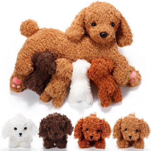 Honoson Nurturing Dog Stuffed Animal with Puppies Set Nursing Mommy Dog Plush with 4 Baby Puppies Soft Cute Stuffed Plush Toys for Kids Girls Boys Birthday Gifts Christmas Party Favors(Curly Dog)