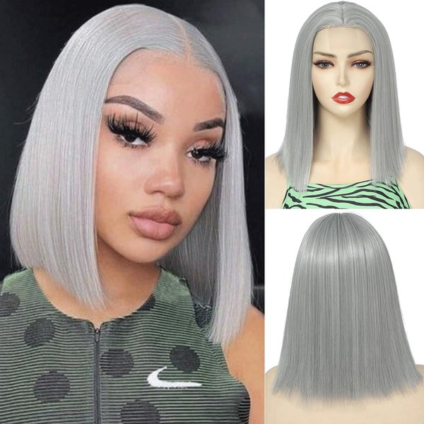 YUPEWG Grey Bob Wig Straight Bob Wigs For Black Women Middle Part 12 Inches Shoulder Length Bob Wig Synthetic Heat Resistant for Daily Cosplay Party Halloween Use (Grey)