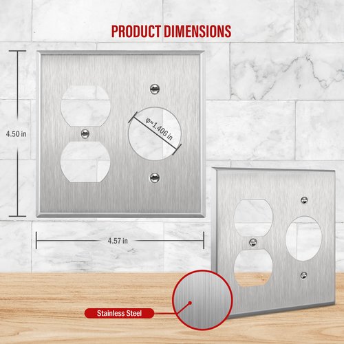 ENERLITES Combination Duplex Outlet or Single Receptacle 1.406" Hole Metal Wall Plate, Corrosive Resistant, Size 2-Gang 4.50" x 4.57", 772151, 430 Stainless Steel, UL Listed, Silver