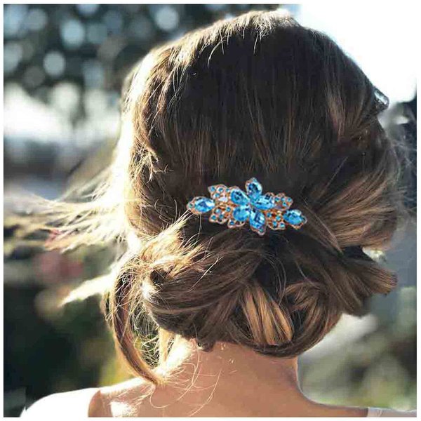 Yheakne Rhinestone Bridal Hair Clip Barrette Blue Crystal Wedding Headpieces Barrette Shining Headwear Crystal Hair Barrette Bridal Hair Accessories for Women and Girls (Light blue)