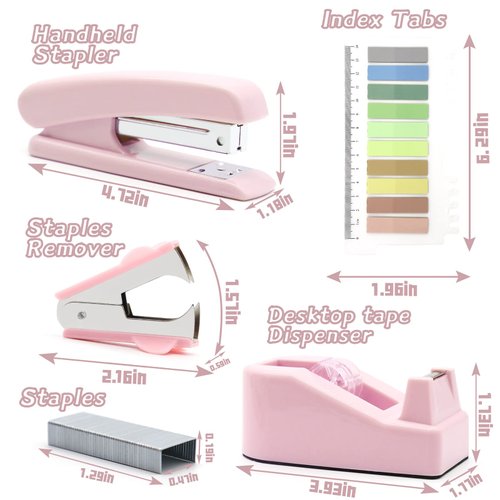 Pink Office Supplies, UPIHO Pink Desk Accessories, Stapler and Tape Dispenser Set for Women with Stapler, Tape Dispenser, Staple Remover, Staples, Clips, Scissor and Tabs,Gift for Students, Coworkers