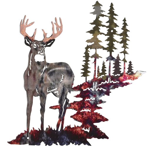 Moxweyeni Metal Deer Wall Art Forest Deer Wall Decor Metal Tree Wall Art Metal Deer Decor Rustic Forest Hunting Sign for Living Room Bedroom Bathroom Indoor Outdoor, 11.8 x 7.9 Inch(Bright Color)