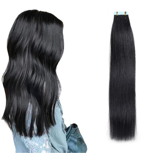 Rinboool Tape in Hair Extensions, Real Natural Remy Human Hair, Seamless Straight Pu Skin Weft, 18 Inch 40 Gram 20 Pieces, Jet Black