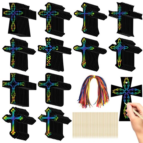 Mototo 240Pcs Scratch Cross Ornaments Rainbow Color DIY Craft Kit Scratch Paper Hanging Tags Magic Art Party Favors Sunday School Classroom Decor Supplies for Easter Boy Girl Sunday School Religious