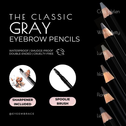 Eye Embrace Liz Classic: Warm Medium Gray Wooden Eyebrow Pencil – Waterproof, Double-Ended Pencil with Sharpener & Spoolie Brush, Cruelty-Free