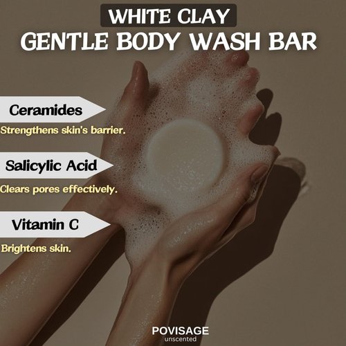 POVISAGE Unscented Body Bar Soap for Women with Oily Skin – White Clay, Salicylic Acid, Ceramides & Vitamin C for Gentle Cleansing – 2 Bars