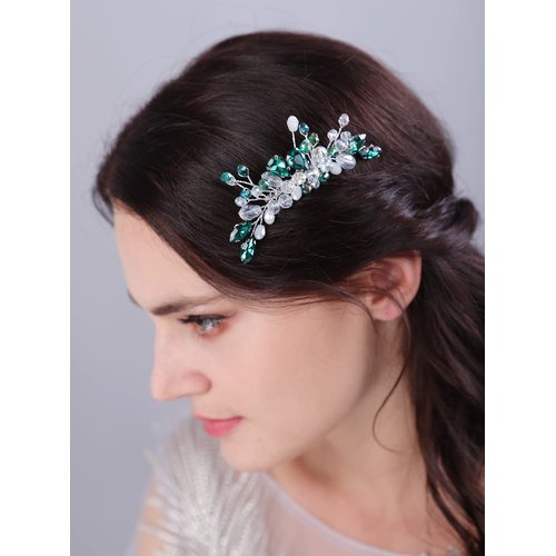 Teyglen Crystal Bride Wedding Hair Comb Green Teardrop Crystal Hair Piece Bridal Hair Accessories for Bride Rhinestone Wedding Hair Side Comb for Women Girls (Green)