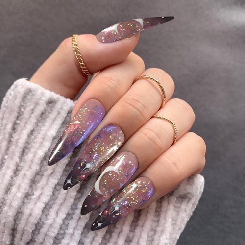 Acenail Extra Long Stiletto Press on Nails Glitter Glossy Moon Star False Nails French Clear Ombre Fake Nails Acrylic Full Cover Nail Accessory for Women and Girls 24Pcs
