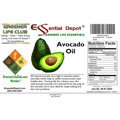 Avocado Oil - 1 Quart - 32 oz - Food Grade - safety sealed HDPE container with resealable cap