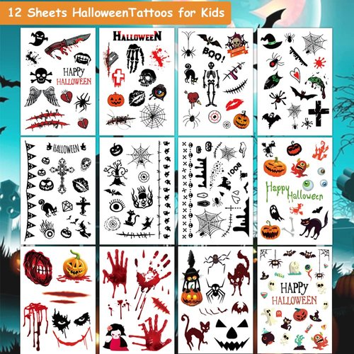 Hohamn Halloween Temporary Tattoos for Kids, 160+ Styles Horror Halloween Fake Tattoos for Boys Girls Party Favors Festivals