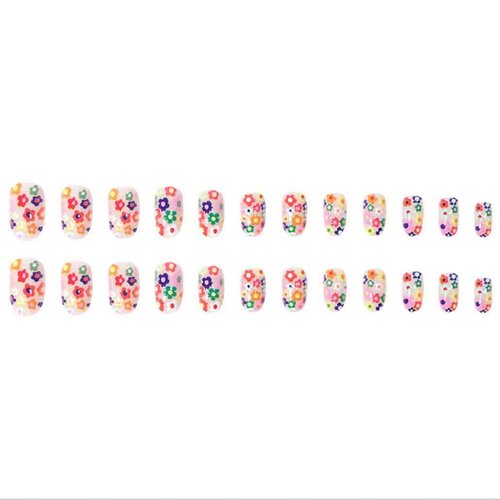 Foccna Almond Press on Nails Short Acrylic Fake Nails Flower Design Women's False Nails with Design Nail Tips for Women&Girls 24PCS