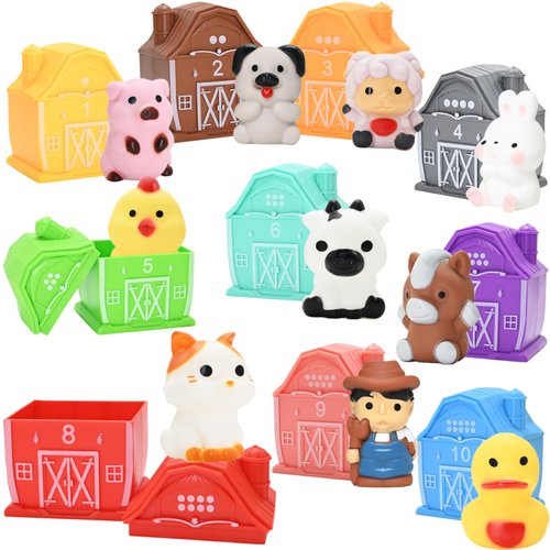 Learning Toys for Toddlers 1 2 3 Years Old, Montessori Educational Toy, Counting Skill, Color Matching, 20 PCS Farm Animal Barn Toy and Finger Puppets Christmas Birthday Gift for Baby Boys Girls