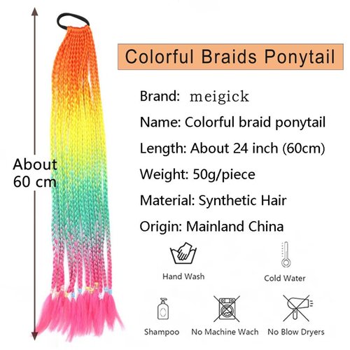 meigick Colored Braiding Hair Extension Ponytail with Hair Tie 24" Rainbow Ponytail Extension Highlights Synthetic Braided Hair Pieces Hair Accessories for Women Girls Kids(Orange Yellow Green Pink)