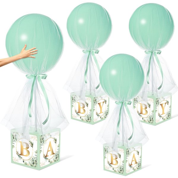 Wettarn 4 Set 24'' Tulle Tutu Balloon with Candy Cake Dessert Box for Baby Shower Wedding Table Centerpieces Party Decor Balloon White Tulle Cover for Wedding Girl and Boy (Sage Green Leaf)