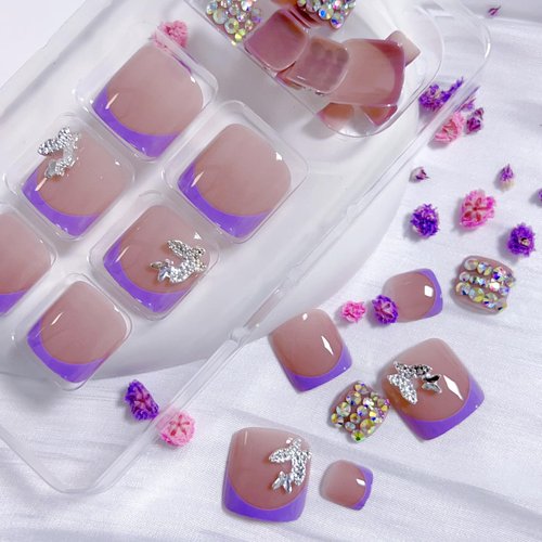 5D Purple French Tip Toe Nail Press Ons Rhinestone Press on Toenails with Butterfly Charms Purple Fake Toenails Glitter False Nails Press on Bow Press on Nails Full Cover Acrylic for Women Girl 24Pcs