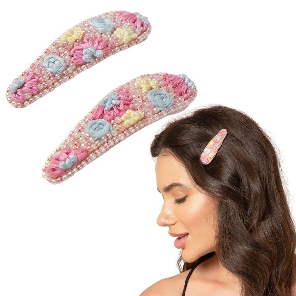 Radhu & Kabby Hand Embroidered Floral Tic-Tac Pin | Hair Clips for Women & Girls | Bead Work | Handmade & Unique | Perfect Hair Accessories for Casual & Special Occasions | 1 Pair