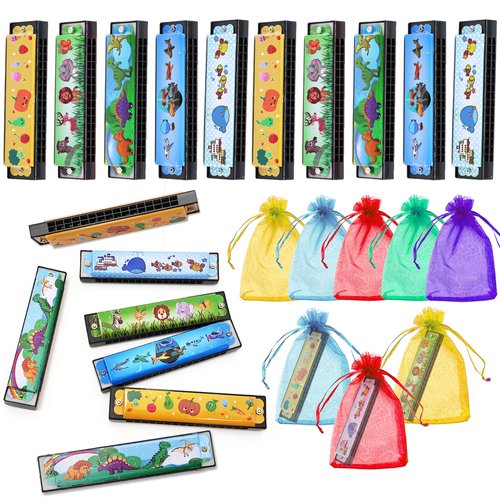 10 Sets Harmonica with Organza Gift Bags Music Party Favors 16 Holes Cartoon Harmonica Musical Instrument for Musical Party Gift Harmonica Beginner Kid Musical Instrument Toys (Style 3)