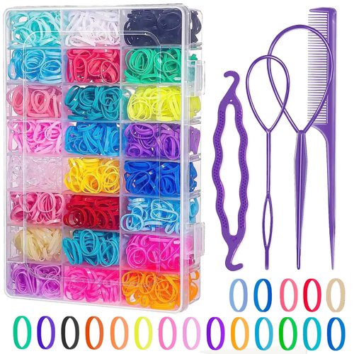 Elastic Hair Bands 24 Colors, 2000 Pcs Colorful Hair Rubber Bands for Hair with 4 Hair Braiding Tool, Small Hair Ties Mini Hair Bands With Organizer Box, Hair Accessories for Girls Toddlers Kid