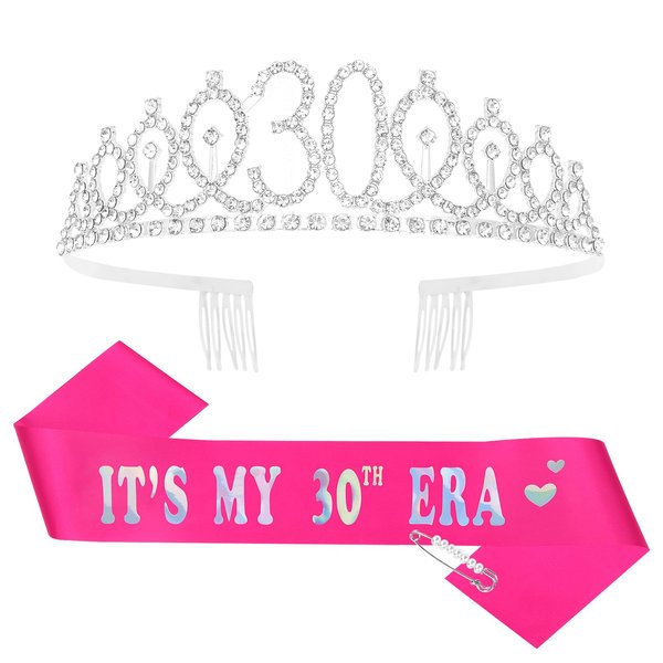 Casoty 30th Birthday Sash and Tiara for Women, 30th Birthday Decorations for Women, 30th Birthday Crown and Sash Set, Happy 30th Birthday Party Favors, 30th Birthday Gifts for Women