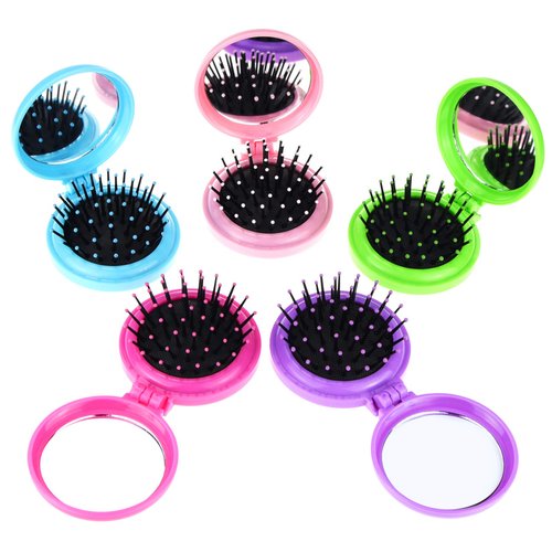 Heliltd 10pcs Folding Travel Mirror Hair Brushes Round Mirror Pocket Hair Brush Portable Mini Colourful Pop Up Hair Brushes Wet and Dry Hair for Women Girls Kids Hair Brush