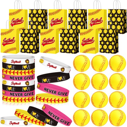 MTLEE Softball Party Favors Set Includes 12 Softball Paper Bags, 12 Silicone Bracelets, 12 Mini Foam Softball for Softball Birthday Party Supplies