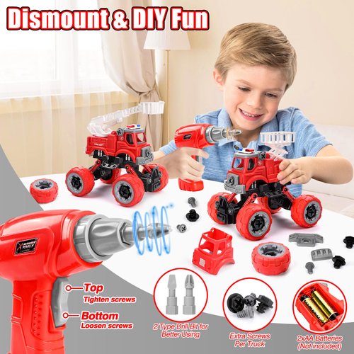 LUDILO 4PCS Fire Truck Toys for 3 4 5 Year Old Boy Birthday Gifts DIY Assembly Take Apart Firetruck with Electric Drill Stem Building Toys Xmas Bday Gifts 3 4 5 6 Year Old Boys Girls Kids Toddler Toys