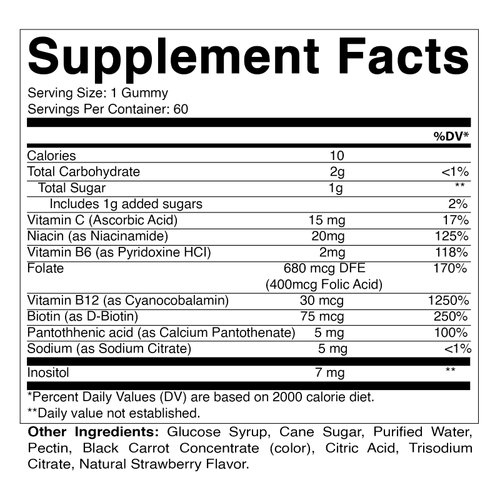 Vitamatic Vitamin B Complex Gummies with Vitamin C & Inositol - Natural Strawberry Flavor - 60 Gummies (3 Bottles)