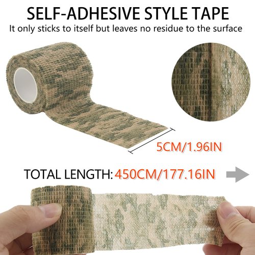 BOROLA Self-Adhesive Protective Camouflage Tape Cling Scope Wrap Camo Stretch Bandage for Camping,Flashlights,Bicycle,Range Finder Camera etc.（6Pcs, Woodland Camo