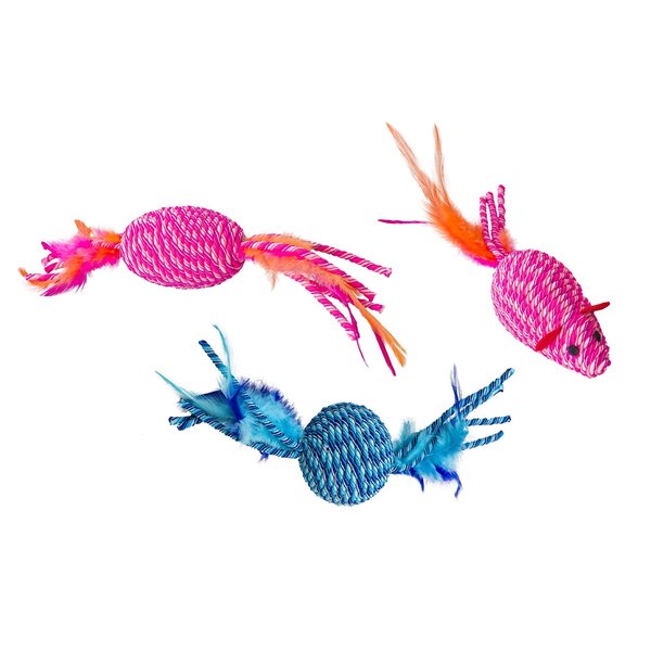 Ethical Pets Elasteeez Feathered Cat Toy Bundle: Ball, Roller, and Mouse in Assorted Colors