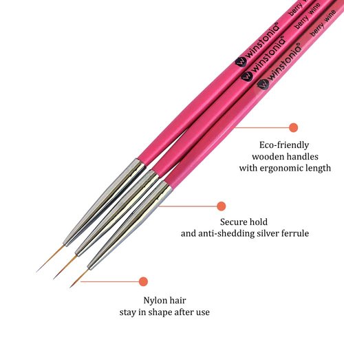 Winstonia Super Fine Nail Art Brush Set for Thin Lines, Tiny Details, Fine Drawing, Delicate Coloring. 3 pcs Brushes Kit - BERRY WINE