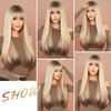 7JHH WIGS Long Straight Wig with Bangs 28in Ash Platinum Blonde Wig with Brown Roots and Brown Hair Tail Dye Natural Heat Resistant Fiber Synthetic Layered Highlight Wigs for Women Daily Party Used