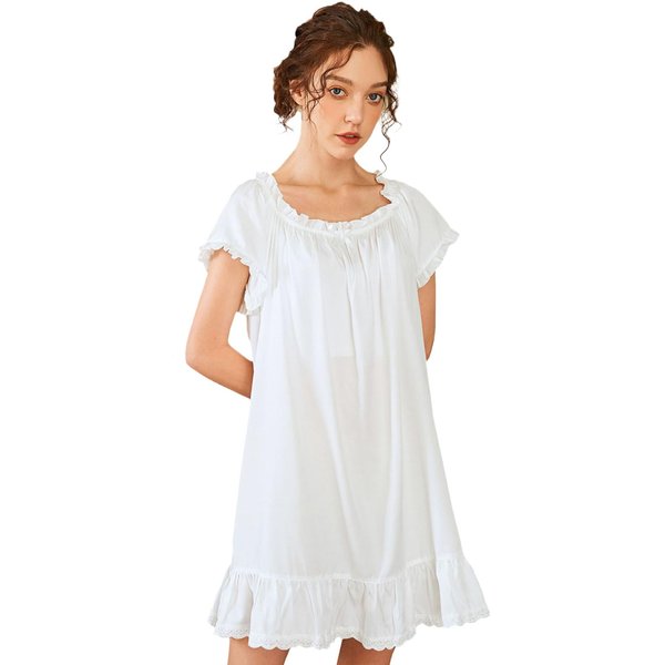 Nanxson Womens' Cotton Nightgown Short Sleeve Sleepwear Vintage Victorian Nightshirt Lounge Dress (Small, White)