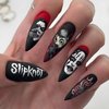 Halloween Fake Nails Halloween Press on Nails Long Stiletto Nails Dark Black False Nails with Punk Style Horror Mask SlipKnot Design Gothic Halloween Nails Matte Glue on Nails Acrylic Nails for Women