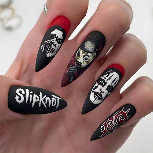 Halloween Fake Nails Halloween Press on Nails Long Stiletto Nails Dark Black False Nails with Punk Style Horror Mask SlipKnot Design Gothic Halloween Nails Matte Glue on Nails Acrylic Nails for Women