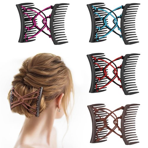 MAORULU 4 Pieces Magic Hair Combs for Women, Adjustable Elastic Hair Comb Clips for Thick Curly Thin Hair (Blue, Coffee, Red, Rose Red)