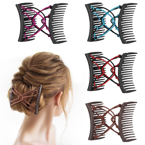 MAORULU 4 Pieces Magic Hair Combs for Women, Adjustable Elastic Hair Comb Clips for Thick Curly Thin Hair (Blue, Coffee, Red, Rose Red)
