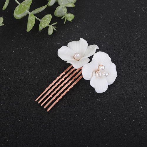 Teyglen Bride Flower Wedding Hair Comb Bridal Flower Headpiece Small Cute White Flower Pearl Hair Piece Decorative Hair Jewelry Accessories for Women Girls (Rose gold)