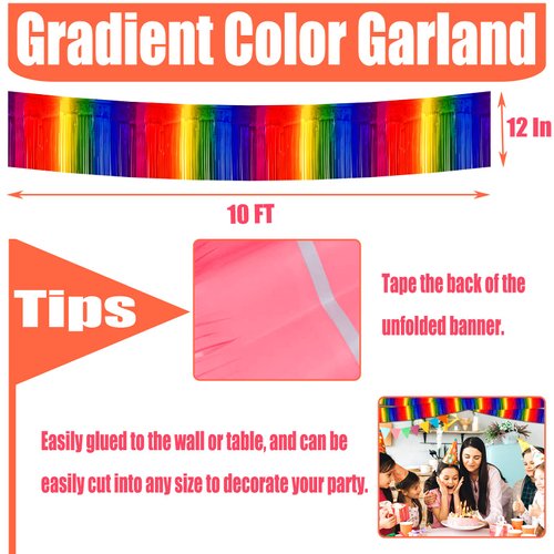6 Pack 10 Feet Foil Fringe Garland Metallic Tinsel Streamers Banner Wall Hanging Curtain Backdrop for Parade Floats, Bachelorette, Wedding, Birthday, Halloween, Christmas Party Decorations(Rainbow)